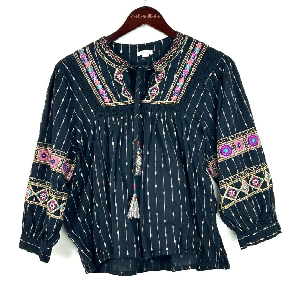 Ultra Pink Women L Top Black Gold Embroider Puff Sleeve Tassel Boho Festival N1 - Picture 2 of 12